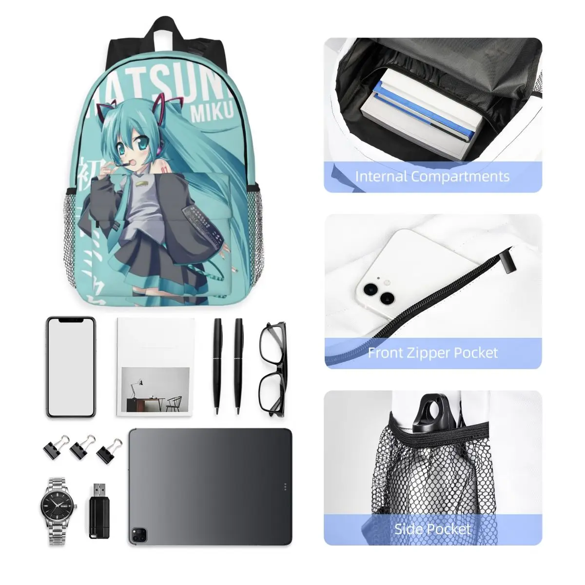 Mochila leve Hatsune Miku, bolsa versátil e elegante, viagem escolar e uso diário, 15"