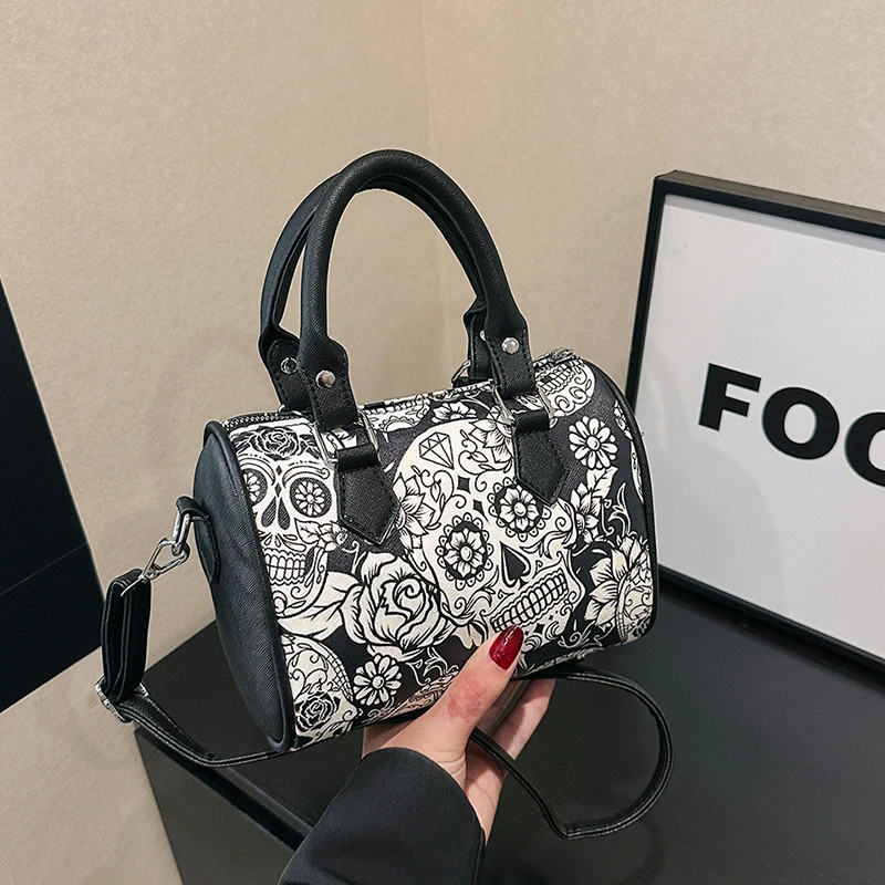 Brand Boston Handbag For Women High Quality PU Leather Bag 2023 New Small Shoulder Crossbody Bag Punk Skull Printing Female Bag