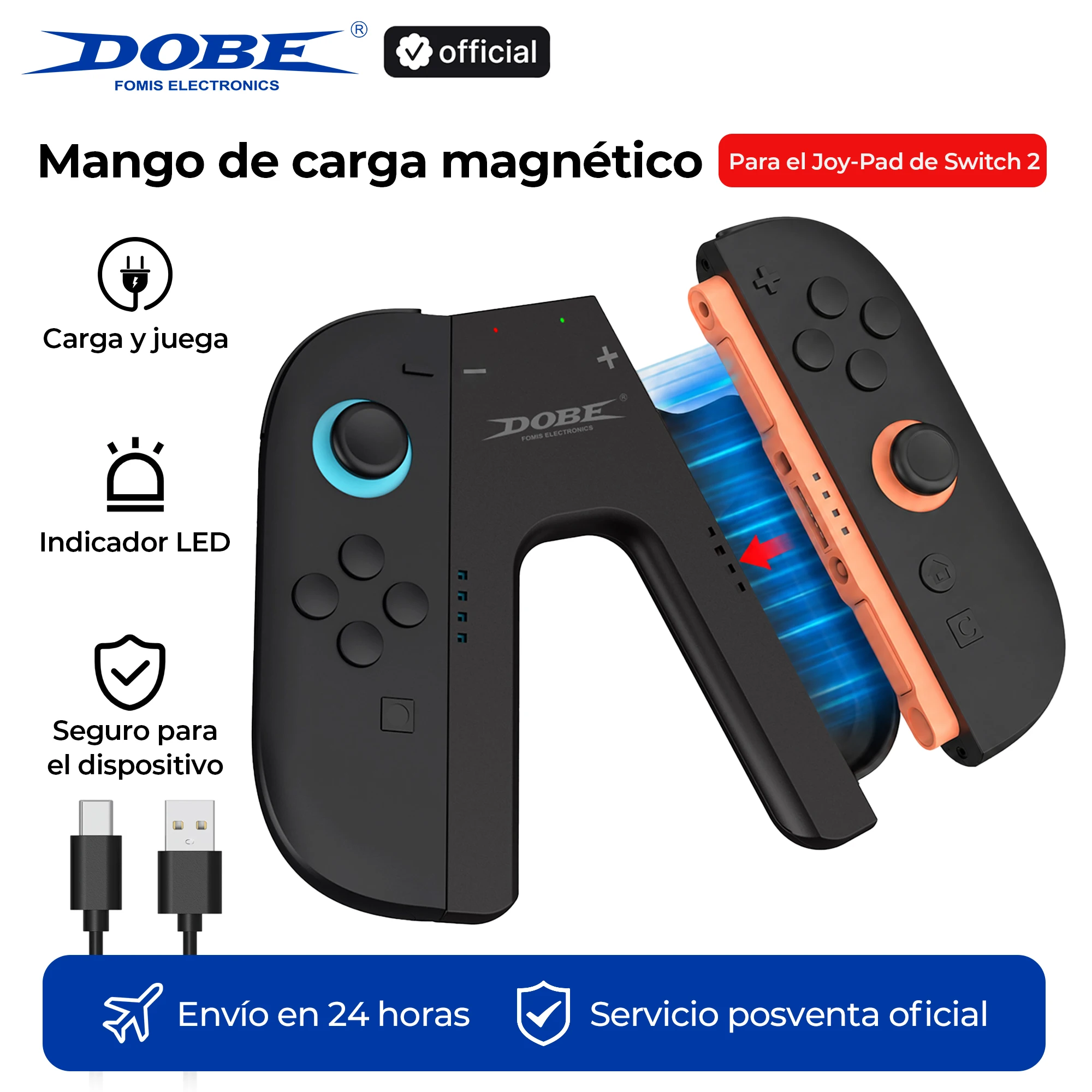 Mango de carga DOBE para el mando de la Nintendo Switch 2: mango ergonómico con carga USB-C, juega mientras se carga, tienda oficial