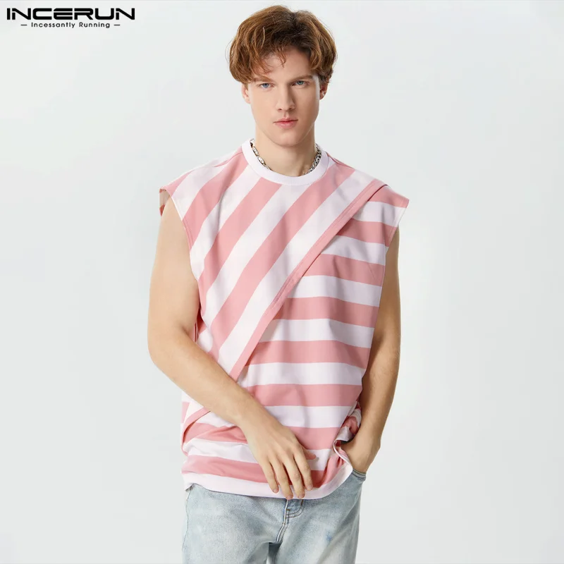 

INCERUN Tops 2023 Korean Style Handsome Men's Hot Selling Striped Layered Design Vests Casual Street Male O-neck Tank Tops S-5XL