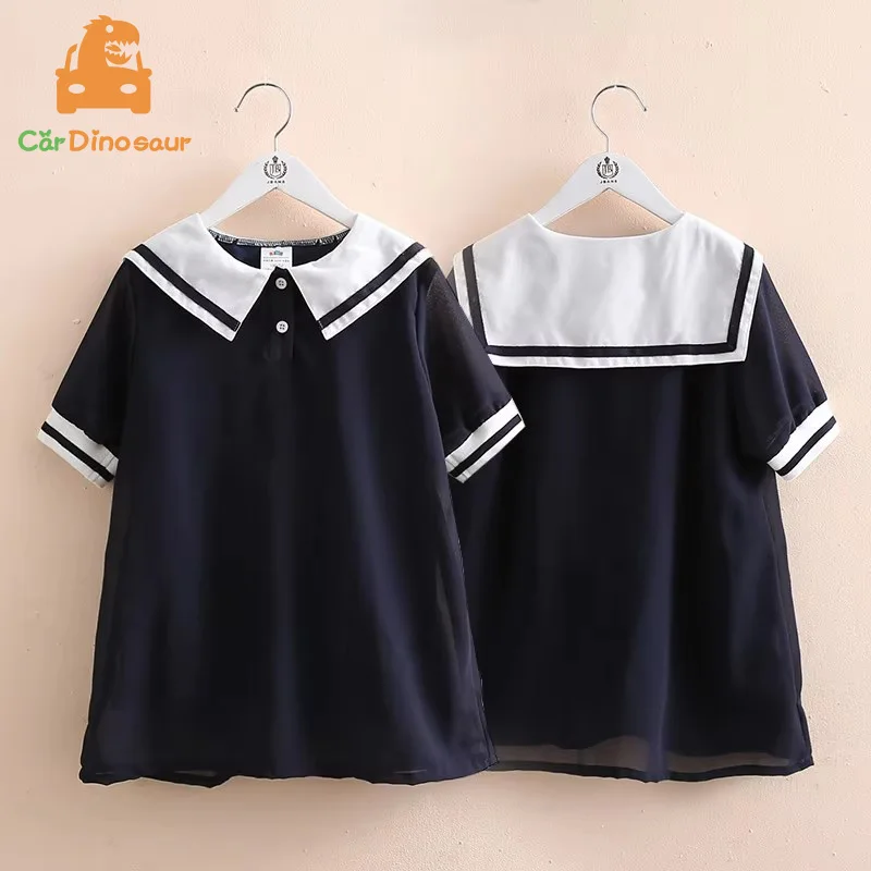 2025 Summer Military Style 3 4 6 8 10 Year Children Short Sleeve Sailor Collar Patchwork Navy Blue Kids Baby Girl Chiffon Dress