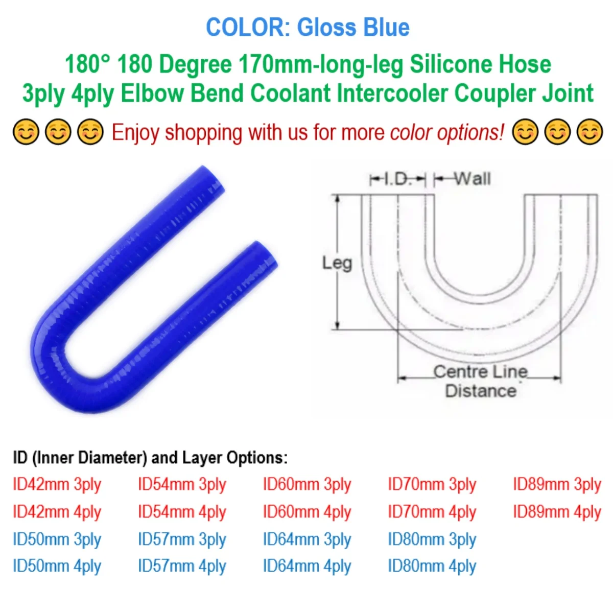 

Gloss Blue 180° 180 Degree Elbow Bend 3ply 4ply 170mm-long-leg Silicone Hose ID 42mm 50mm 54mm 57mm 60mm 64mm 70mm 80mm 89mm