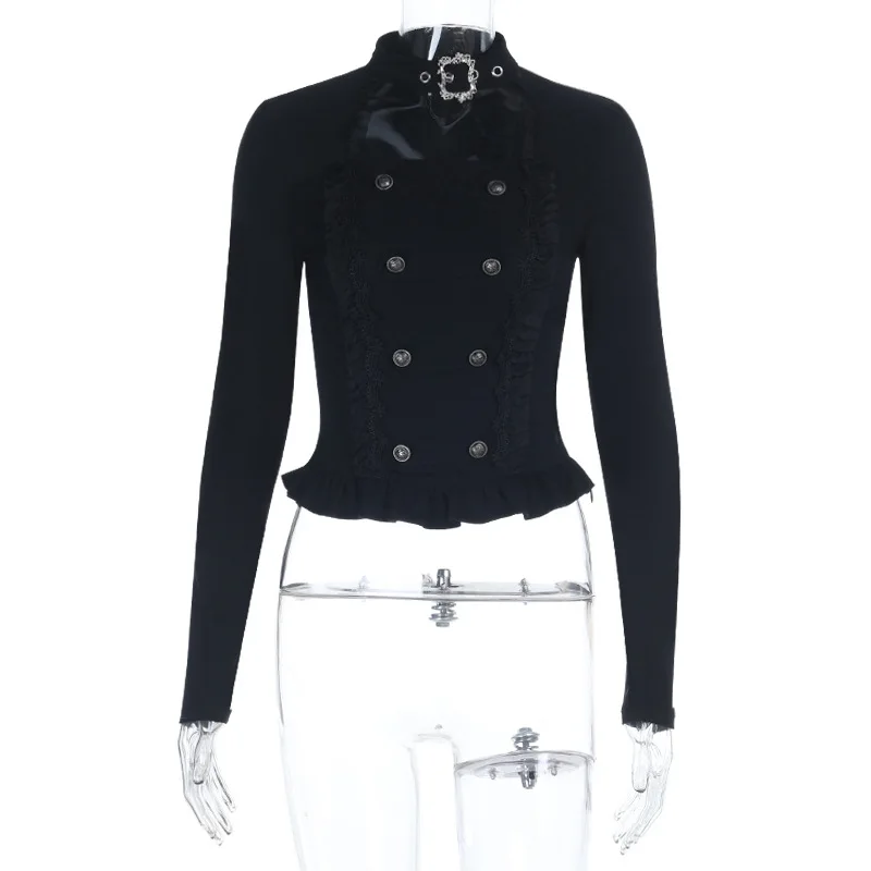 เสื้อยืดสไตล์โกธิคโลลิต้าสีดำแบบฝรั่งเศสสำหรับผู้หญิง แขนยาว แต่งกระดุมและลูกไม้ แนววินเทจ Y2K เหมาะสำหรับคอสเพลย์