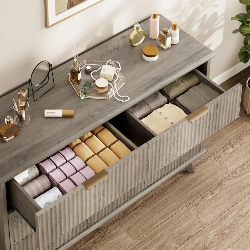 6-Drawer Modern Fluted Bedroom Dresser with Metal Handles and Wooden TV Stand