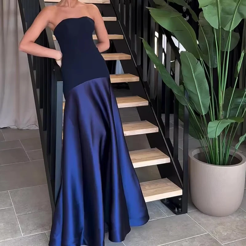 Women Patchwork Slim Evening Dress Chic 2024 Thin Satin Big Hem Party Luxury 2024 Backless Sleeveless Party Gowns Elegant Dress