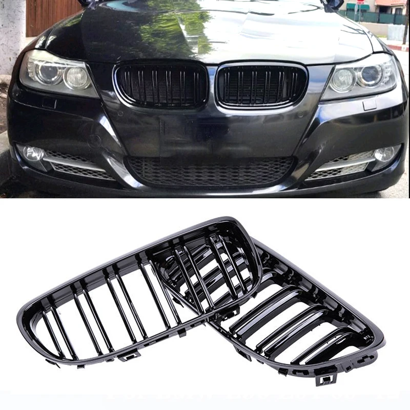 Car Front Kidney Grille Grill Gloss Black Double Line Grille Racing Grills For BMW 3 Series E90 E91 2009-2012 Auto  Accessories