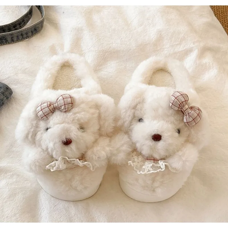 

Women's Cute Puppy Plush Slippers, Soft Fluffy Furry Home Slides, Warm Winter Indoor House Shoes with Bow Knot