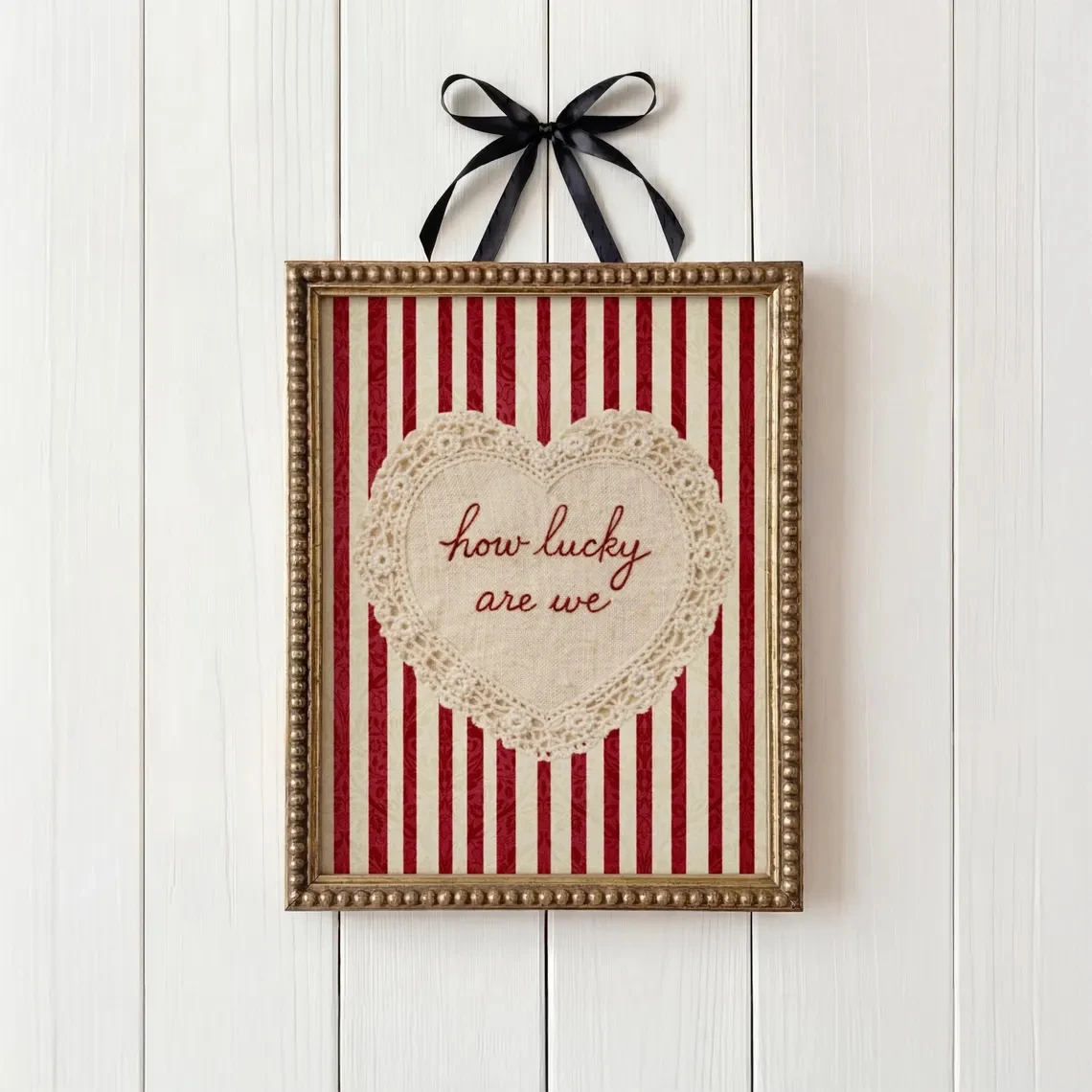 How Lucky Are We Wall Art Vintage Valentine Lace Heart Print Romantic Coquette Decor Red Striped Printable Quote Picture Gift