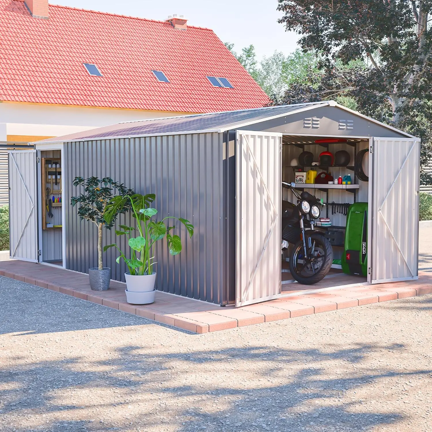 10x14 FT Outdoor Metal Storage Shed Waterproof Garden 3 Lockable Doors Hinged Side Door 4 Air Vents Backyard Patio, Customized