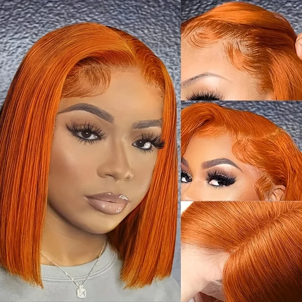 Peruca de cabelo humano brasileira para mulheres, gengibre laranja, laço em T reto, ombre colorido, perucas de cabelo remy, 180%