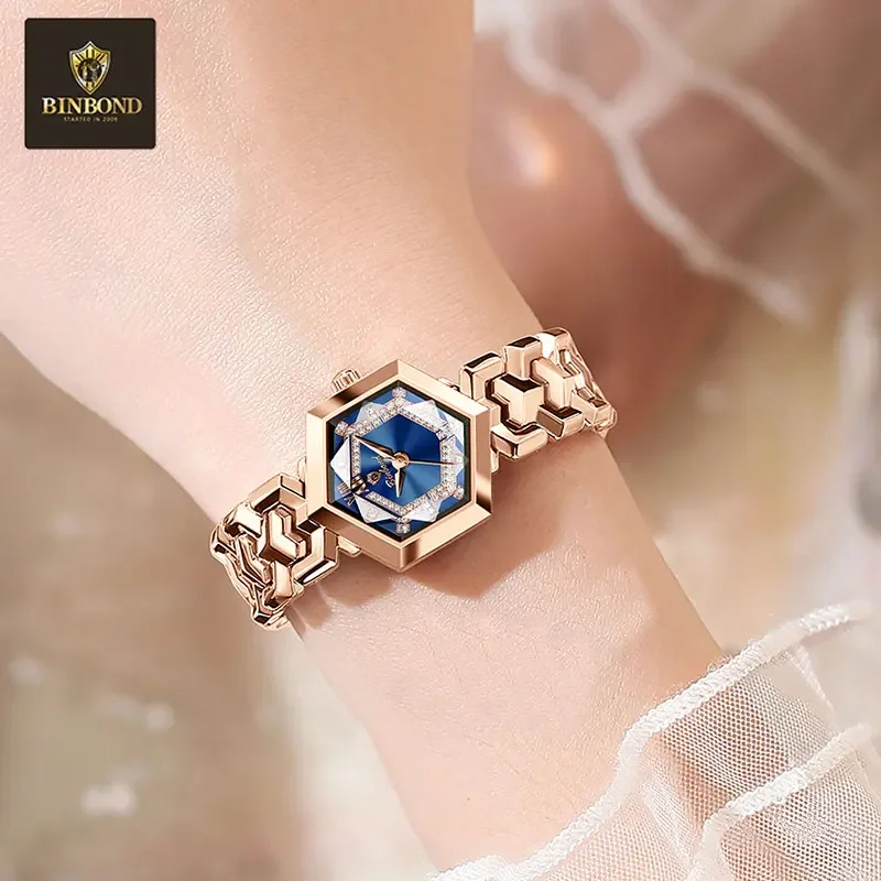 BINBOND ساعات نسائية أنيقة موضة المعين مرآة السيدات ساعة اليد مقاوم للماء مضيئة الماس الهاتفي ساعة كوارتز أصلية #5