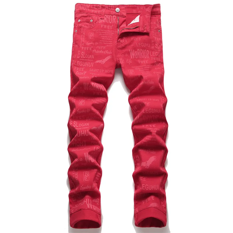 

New Men's Jeans Slim-fit Elastic Printed Pants Casual Small Foot Men's Trousers