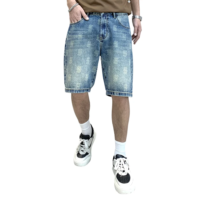 Men's Denim Shorts2024Summer New Fashion Printed Pants Loose Personality All-Matching Fashion Brand Korean Style Fifth Pants