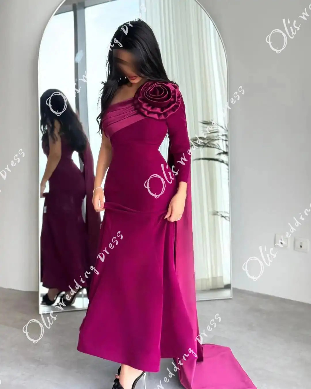 

customized Mermaid Long Sleeve Prom Dresses One Shoulder Floor Length Pleated Flowers Party Gowns Evening Dresses2025