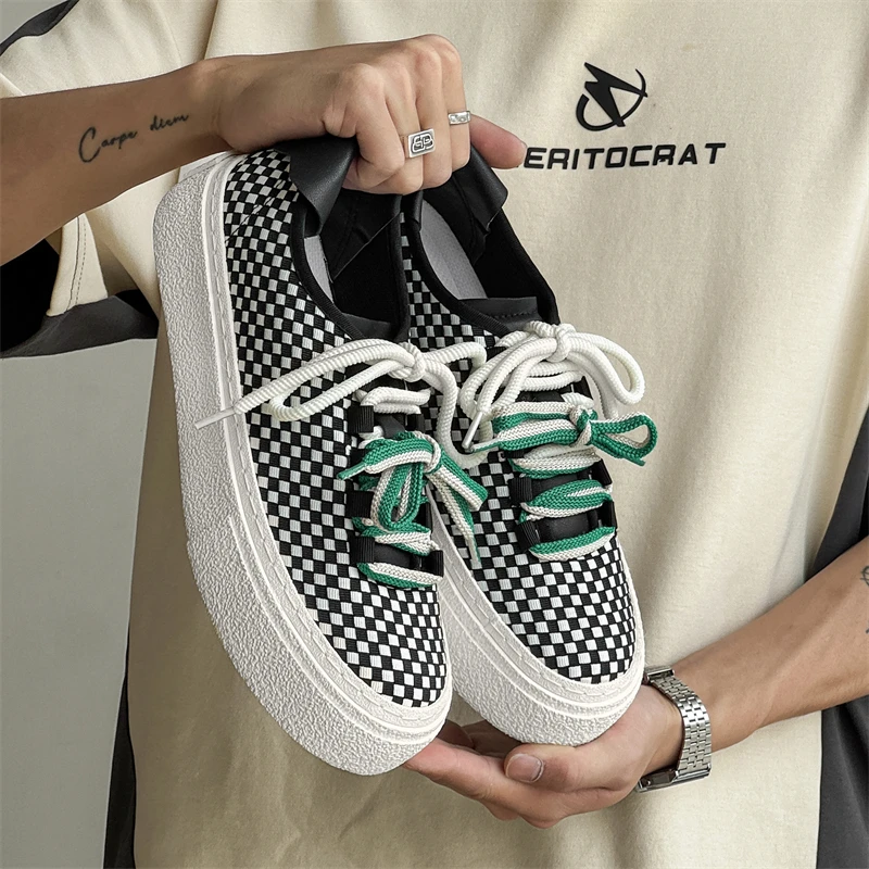 Men's Fashion Black White Checkered Trendy Brand Versatile Soft-soled Low-top Round-toe All-season Vulcanized Casual Sneakers