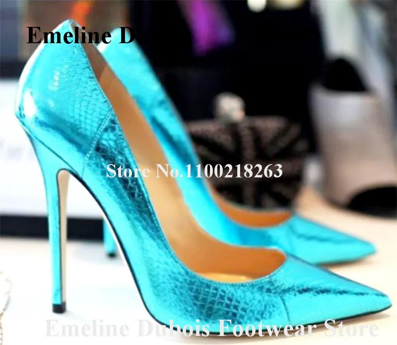 Turquoise Snakeskin Pumps Pointed Toe Pattern Leather Stiletto Heel Shoes Shallow Slip-on 8cm 10cm 12cm High Heels Big Size