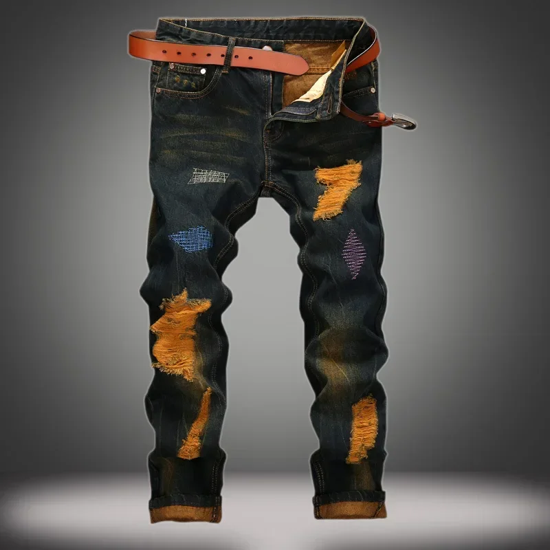 

Denim Pants Men Jeans Long Pant Hole Splice Simple Pockets Regular High Waist Straight Trousers Casual Autumn Winter 2024