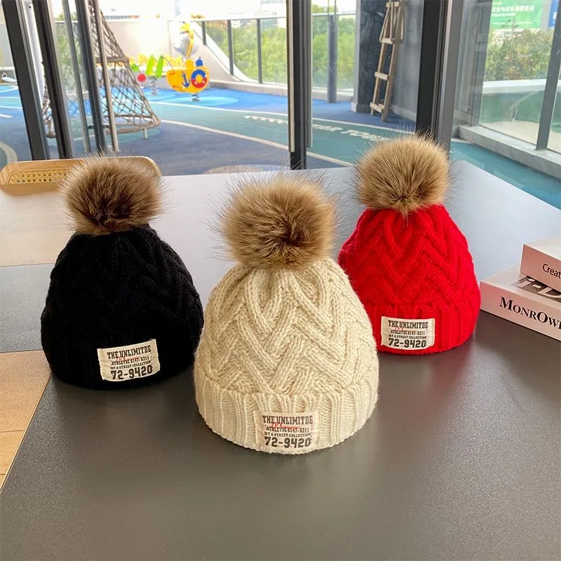 Children's knitted hat padded cold wool cap pop baby hairball set head cap Yangqi fashion thickened versatile