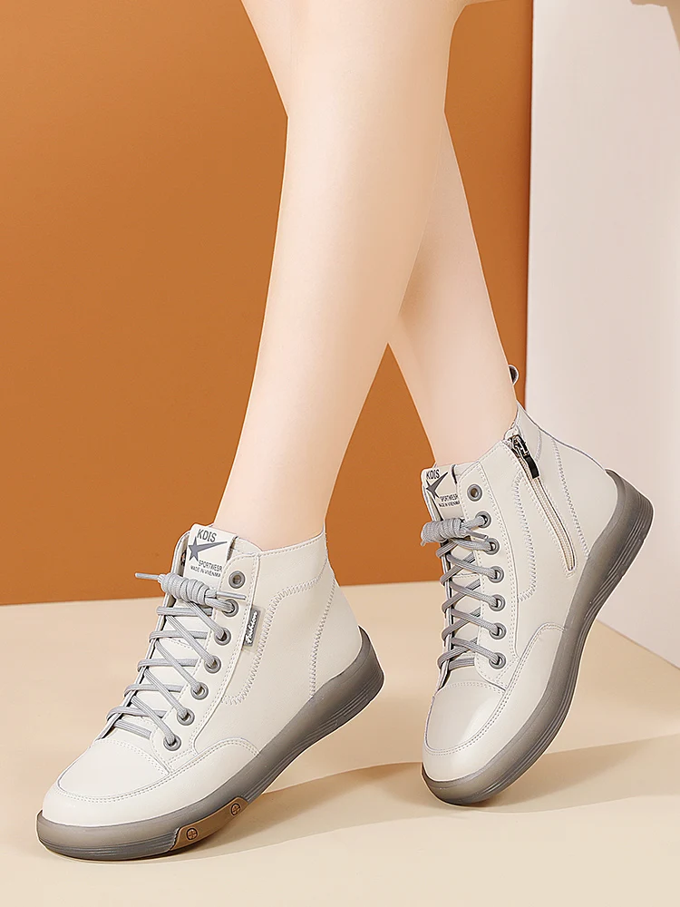 

Leather Boots Casual High Tops Women's oes Comfortable All-Match ort Boots Faion Side Zipper Not Tired Footwear