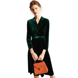 2026 Spring long sleeve V-neck office lady elegant velour dress, Big size Autunm Korean women velvet party dress vestido femme