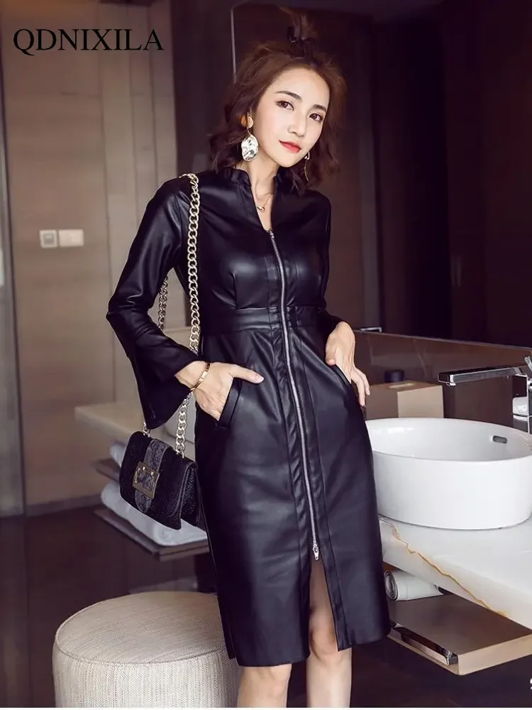 Women\'s PU Leather Slimming Dress, Temperament Fashion, Trend Waistband, Korean Party Dresses, Spring, New, 2024Dress for Women