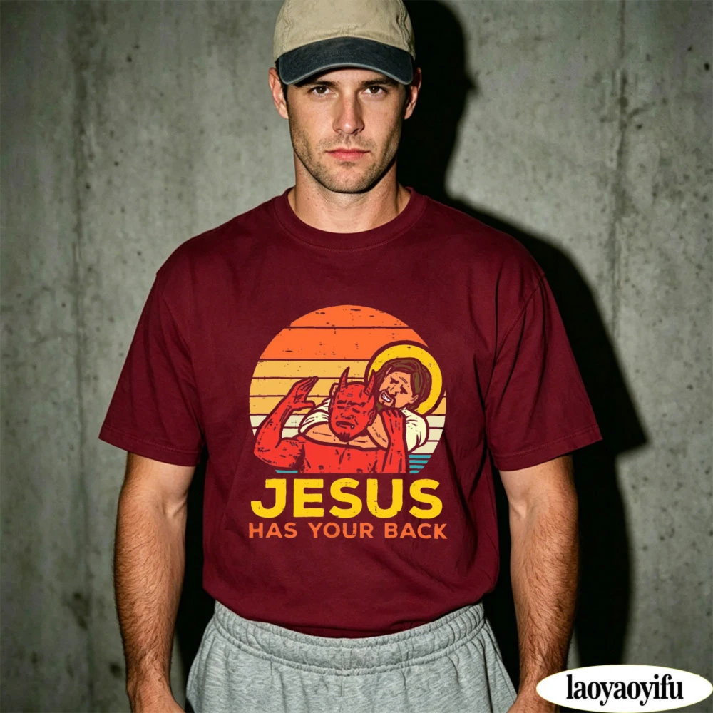 Jesus Has Your Back Retro Sunset Devil Meme T Shirt Men Funny Christian Graphic Tee Oversized Cotton Short Sleeve Tops