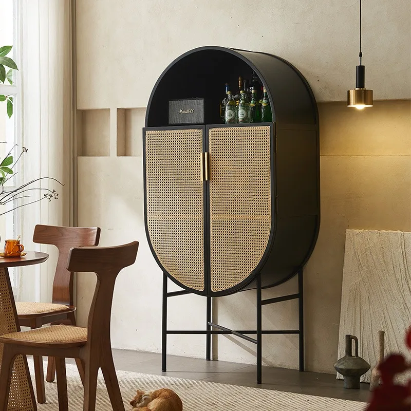 Japanese-style rattan-woven solid wood dining side cabinet, log style storage side cabinet