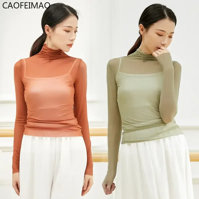 Caofeimao 2025 cuello alto verano primavera secado rápido gasa práctica de baile Top mangas largas transpirable blusa de baile Tops mujeres