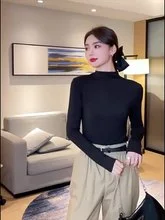 เสื้อยืดแขนยาวผู้หญิงเสื้อผ้าฝ้ายพื้นฐานสลิมฟิตสีขาวผ้าระบายอากาศสบายชายเสื้อระบายอากาศฤดูใบไม้ร่วงเดินทางทุกวันสบายๆ