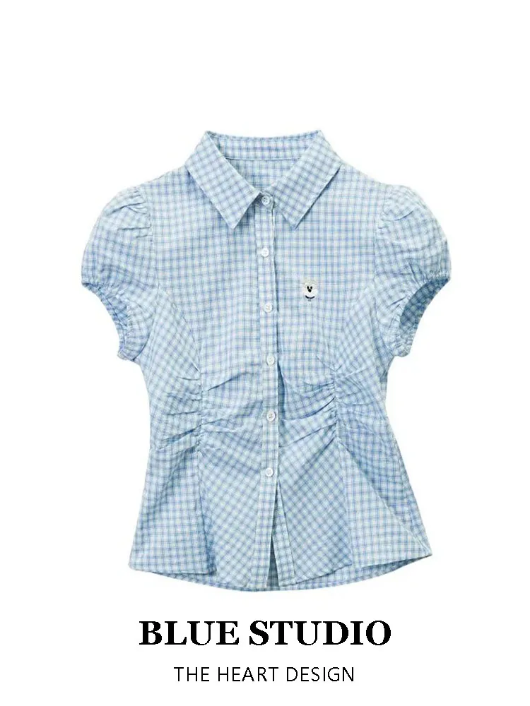 

​​Y2K Cropped Gingham Shirt Women Sky Blue Embroidered Collar Puff Sleeve Summer Preppy Style Tailored Waist Top Short Sleeve​​