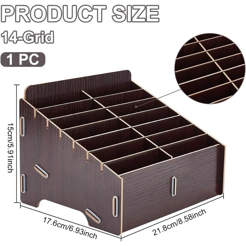 14 Compartment Detachable Wooden Mobile Phone Storage Box Coconut Brown Mobile Phone Storage Box Multi-Compartment Organizer