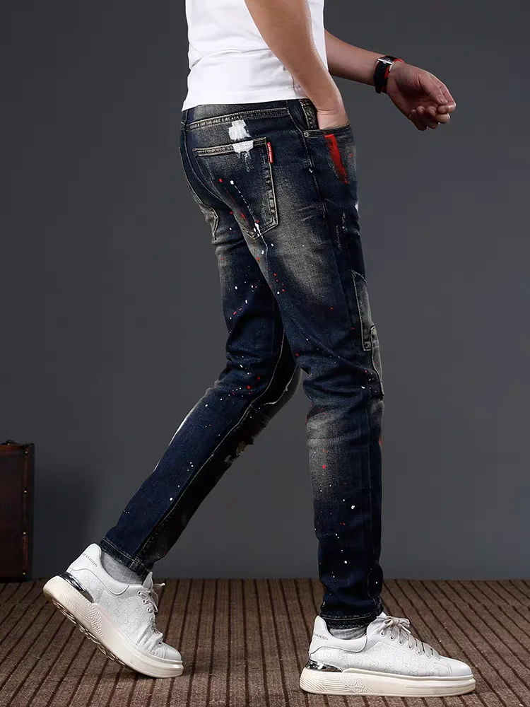 Pantaloni casual da uomo slim fit elastici pesanti di fascia alta fiti Paint Splitting Jeans denim autunno inverno di marca alla moda