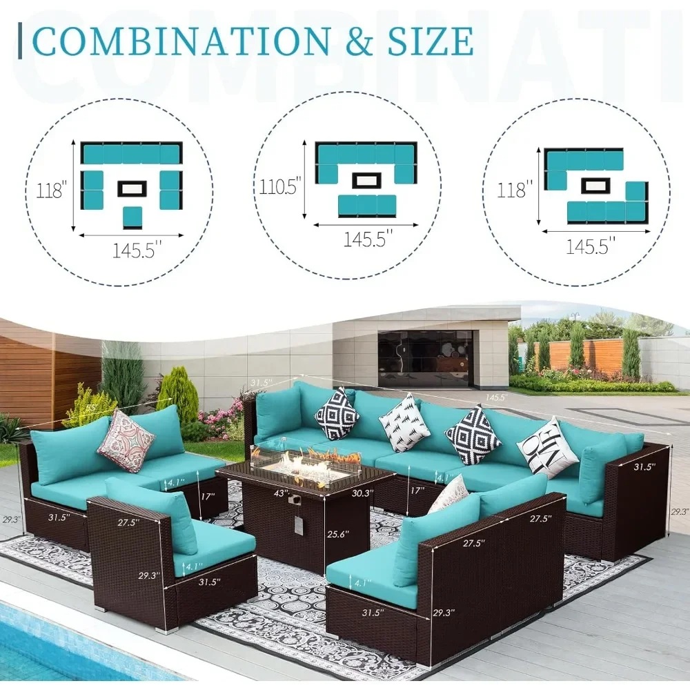 Set Sofa furnitur teras luar ruangan dengan meja Pit api, rotan anyaman cokelat PE ukuran besar mewah, tahan UV, 11 buah