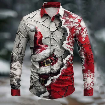 Weihnachten lässig Männer Knopf Hemd Langarm Party Abend jeden Tag Herbst Winter Frühling Sommer Revers Shirt 3D-Druck rot