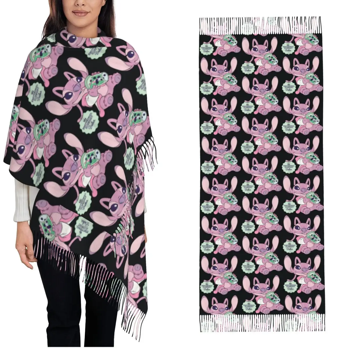 

Шарф-платок Lilo & Stitch Angel My Emotional Support Boba Tea с длинными кисточками, осенняя шаль-накидка для сохранения тепла