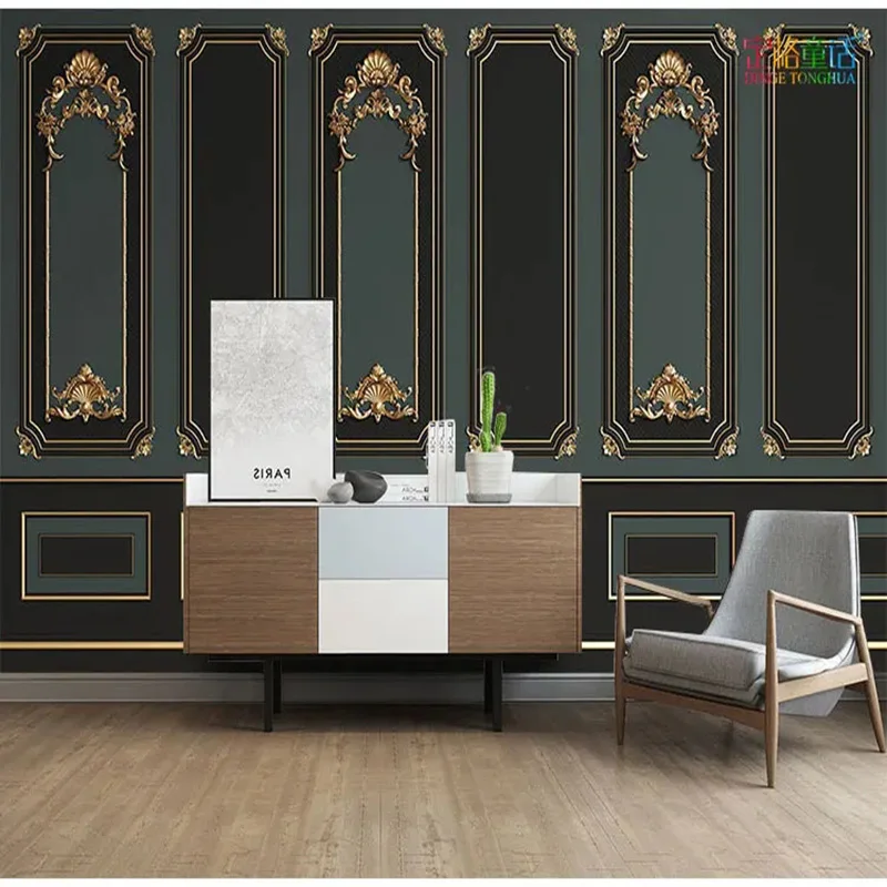 Customized products 3D European imitation plaster line light luxury style wallpaper background clothing shop mural Deep green 3d