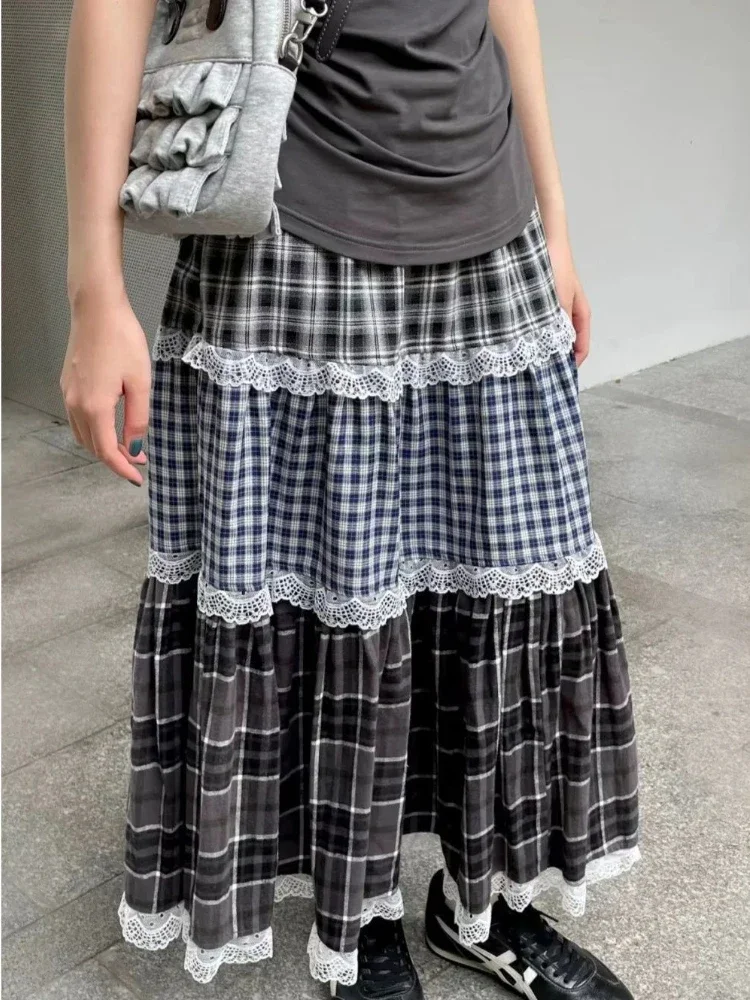 Deeptown évjárat harajuku csipkével Pléd Szoknya Nők Előkészítő iskola tanulója stílusú stv skirts Ősz téli streetwear retro a-line Feldörgöl skirts