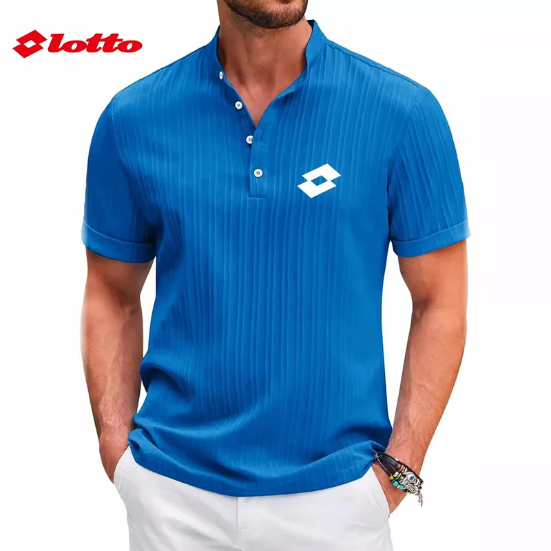 Embroidered LOTTO Cotton Linen Striped Henry Short Sleeved Polo Shirt for Men's New Summer Business Casual Breathable T-shirt