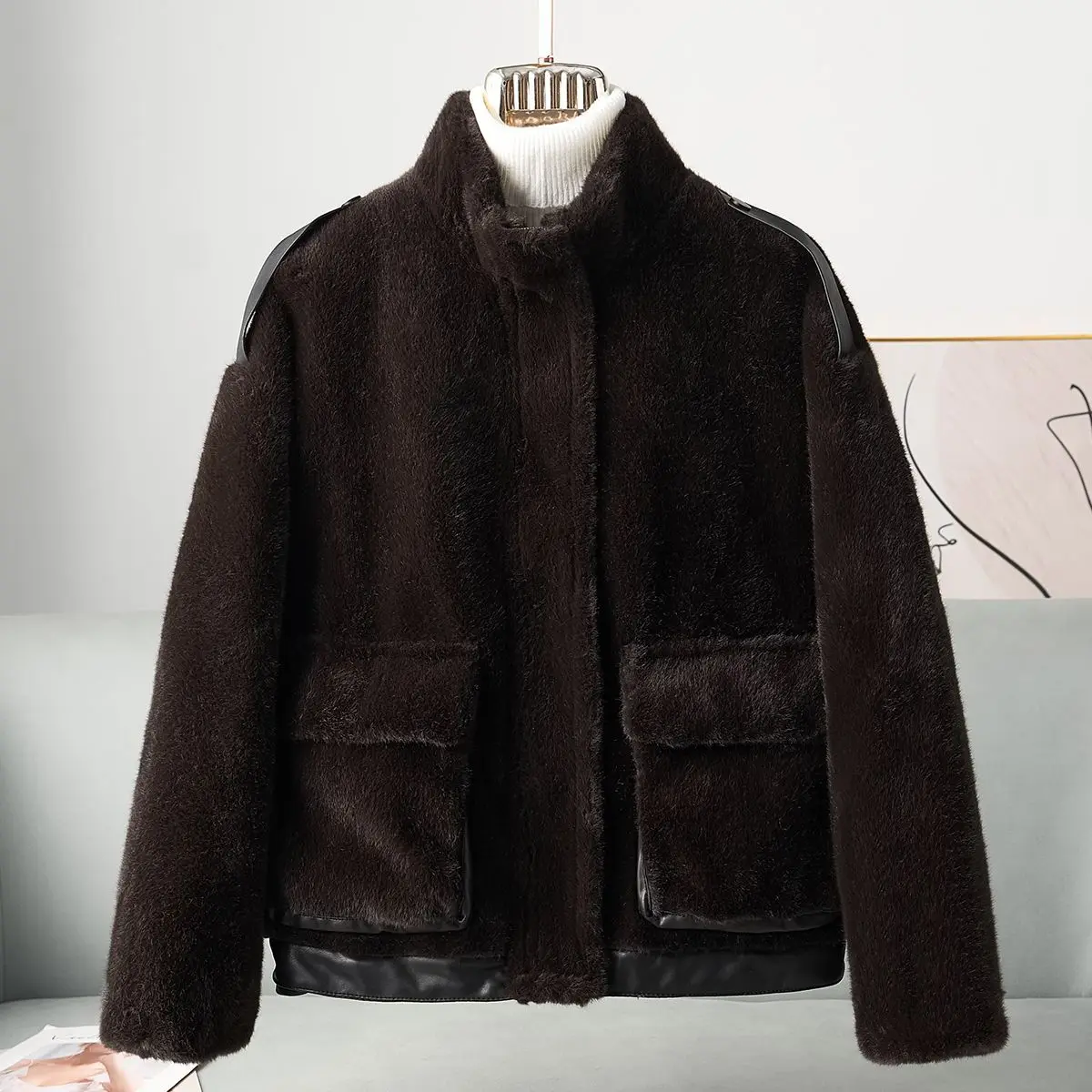 

Spring New Women's Mink Fur Stand Up Collar Coat Imitating Mink Fur Warm Top Jacket