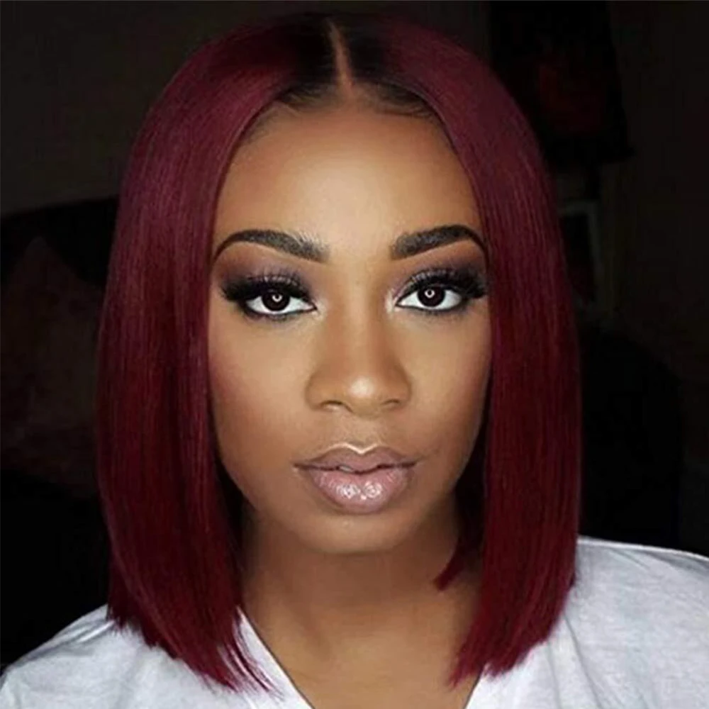 Pelucas delanteras de encaje transparente de colores, cabello humano, pelucas Bob cortas rectas de vino para mujeres, pelucas Bob cortas baratas, pelucas de encaje frontal Remy
