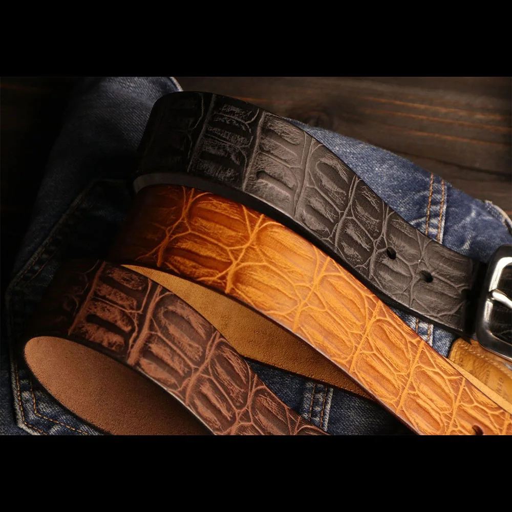 Retor Crocodile Pattern Belt with Stainless Steel Buckle and Handmade Distressed Cowhide Belt for Men