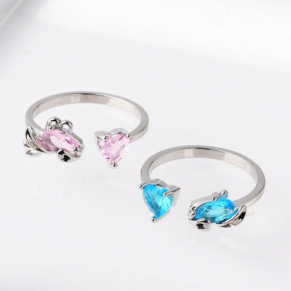 Cute Blue and Pink Zircon Open Fish Ring 18K Gold Plated Adjustable Ring For Women