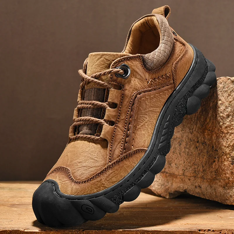 Men's toe layer cowhide casual leather shoes  men's thick soled non slip sports outdoor hiking shoes