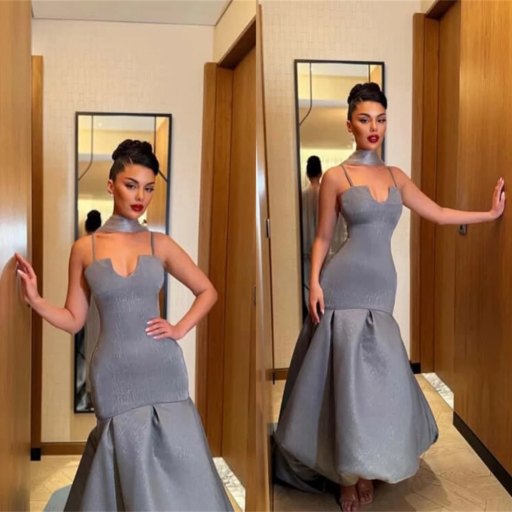 

Customized Exquisite silver Satin Evening Dress Delicate Strapless Spaghetti Straps Cocktail Dress Modern Special Occasion Gowns