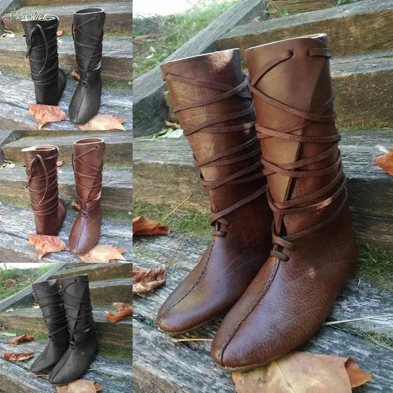 Bottes gothiques en cuir PU pour hommes et femmes, Steampunk, Costume médiéval, Bottes de chevalier, Viking, Kokor, Cosplay, Carnaval, Chaussures de fête, Accessoire