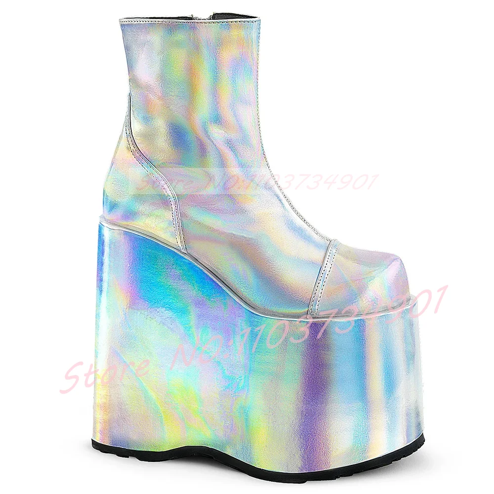 Metallic Wedges Platform Ankle Boots Women Silver Holographic High Heels Boots Zipper Club Music Festival Shoes Big Size 50
