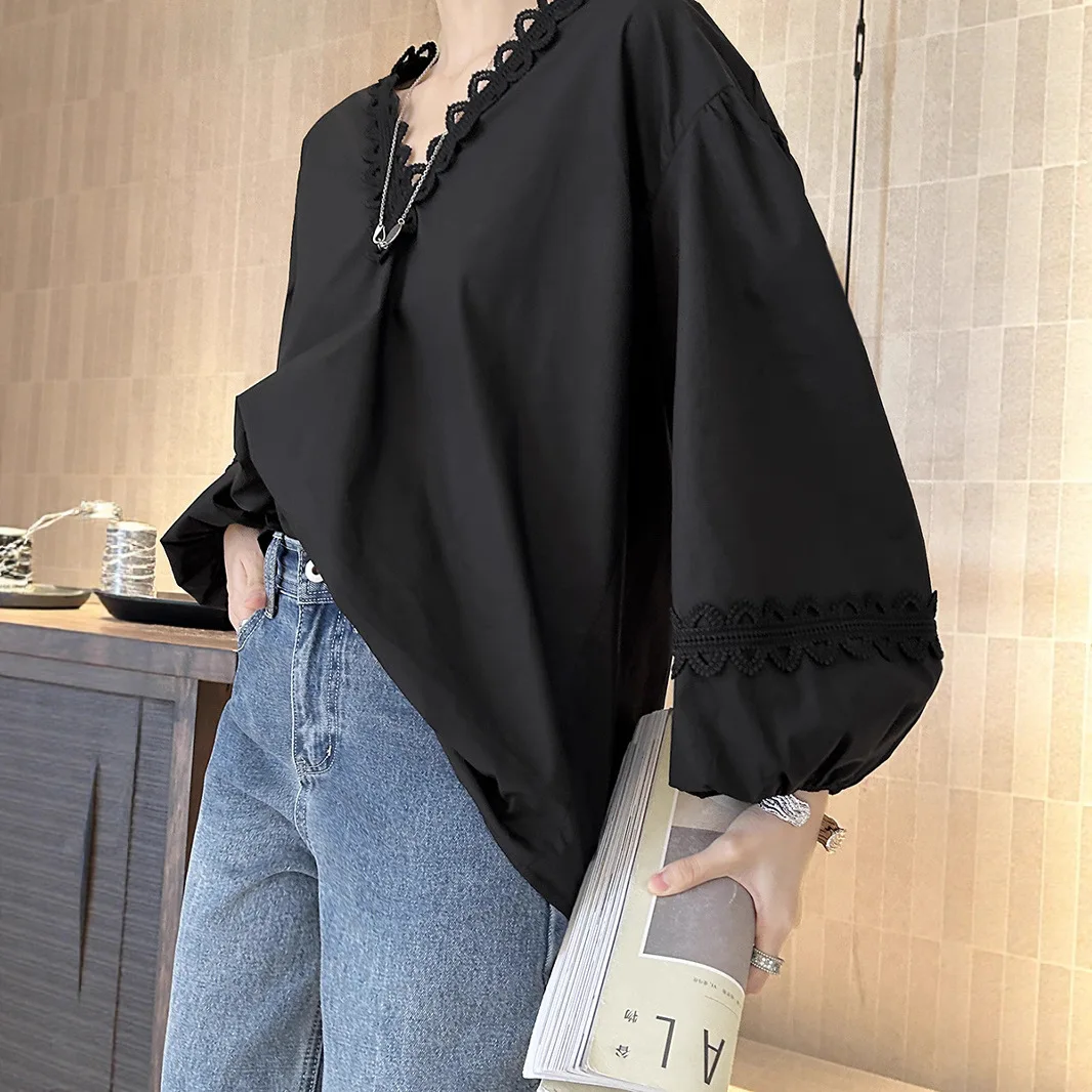Chemise d'automne en coton à panneaux français pour femmes, col en v, dentelle découpée, manches lanternes