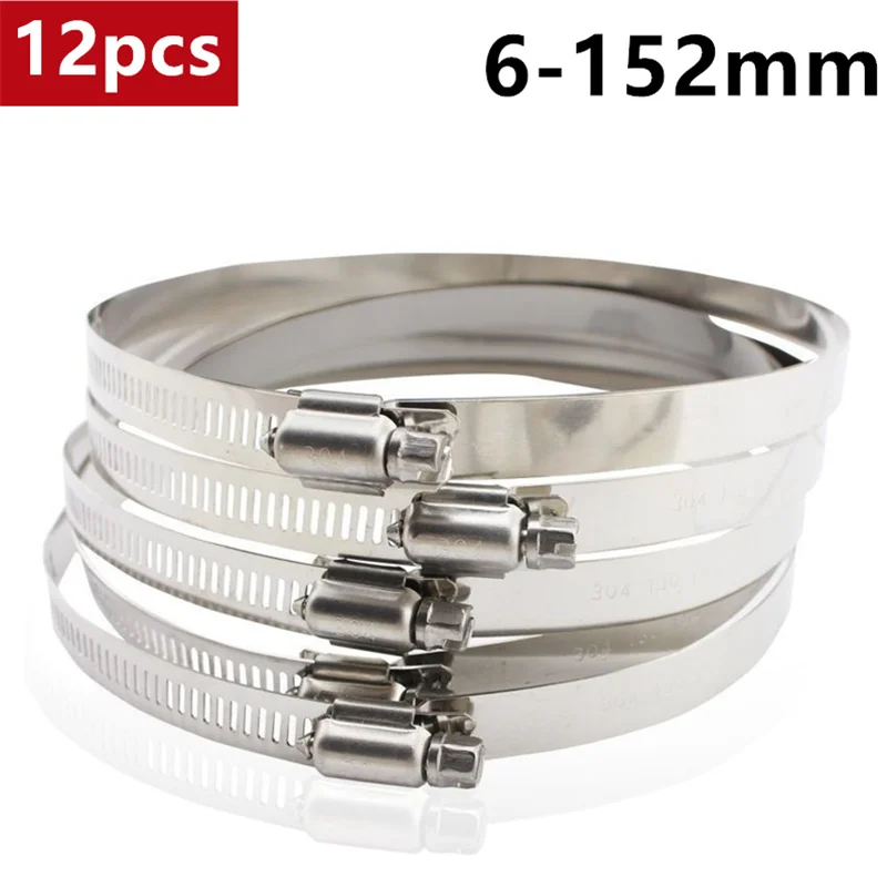 12pcs 6-152mm 304 Stainless Steel Drive Hose Clamp Adjustable Water Pipe Gear Worm Fuel Tube Cramp Fixed Clip Automotive Clamps