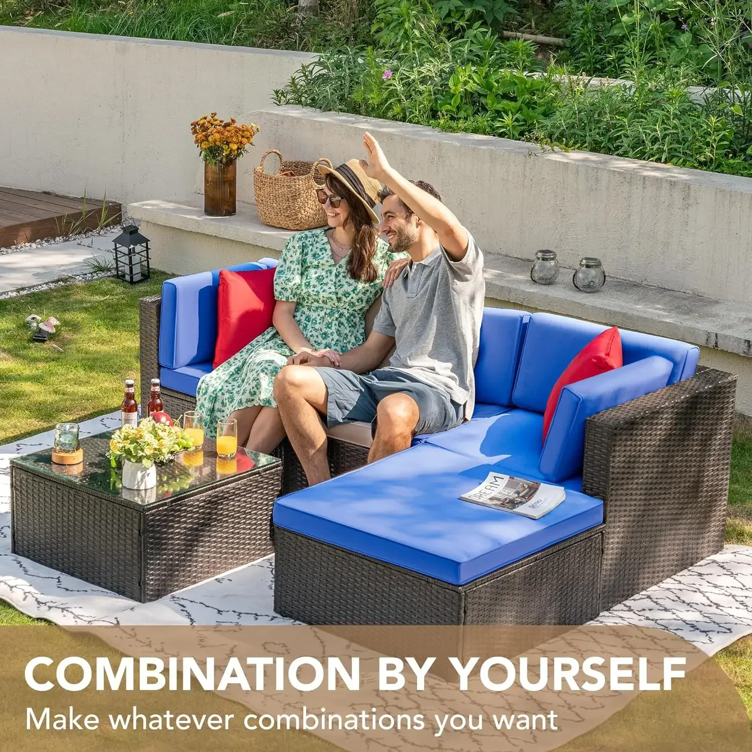 2/5 Pieces Patio Furniture Sets All Weathevr Outdoor Sectional Patio Sofa Manual Weaving Wicker Rattan Patio Seating Sofas