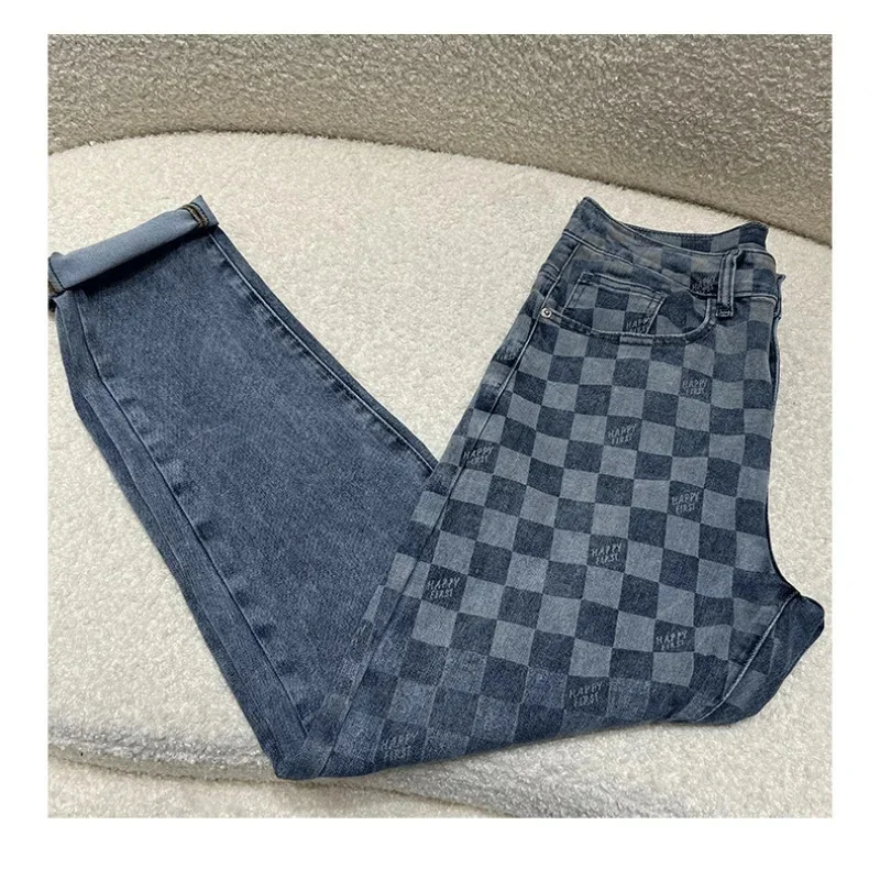 جينز مربع مطبوع للرجال، أزياء راقية وبأسعار معقولة، طراز كوري فاخر، عصري، مناسب تمامًا، سراويل ضيقة قابلة للتمدد #5